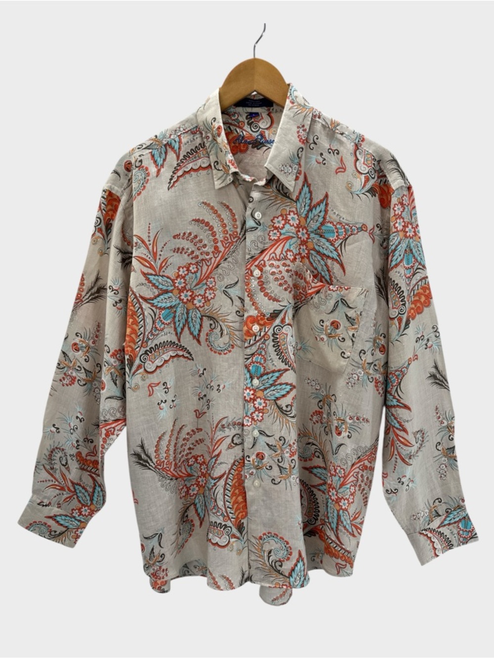 Alan Flusser Linen Floral Paisley Button Down Shirt Resort Coastal Tropical L